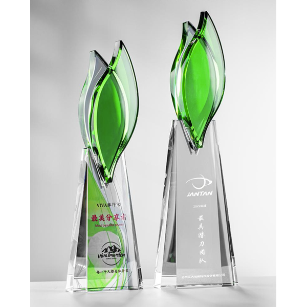 Single-Leaf Crystal Trophy - custom crystal awards with your logo